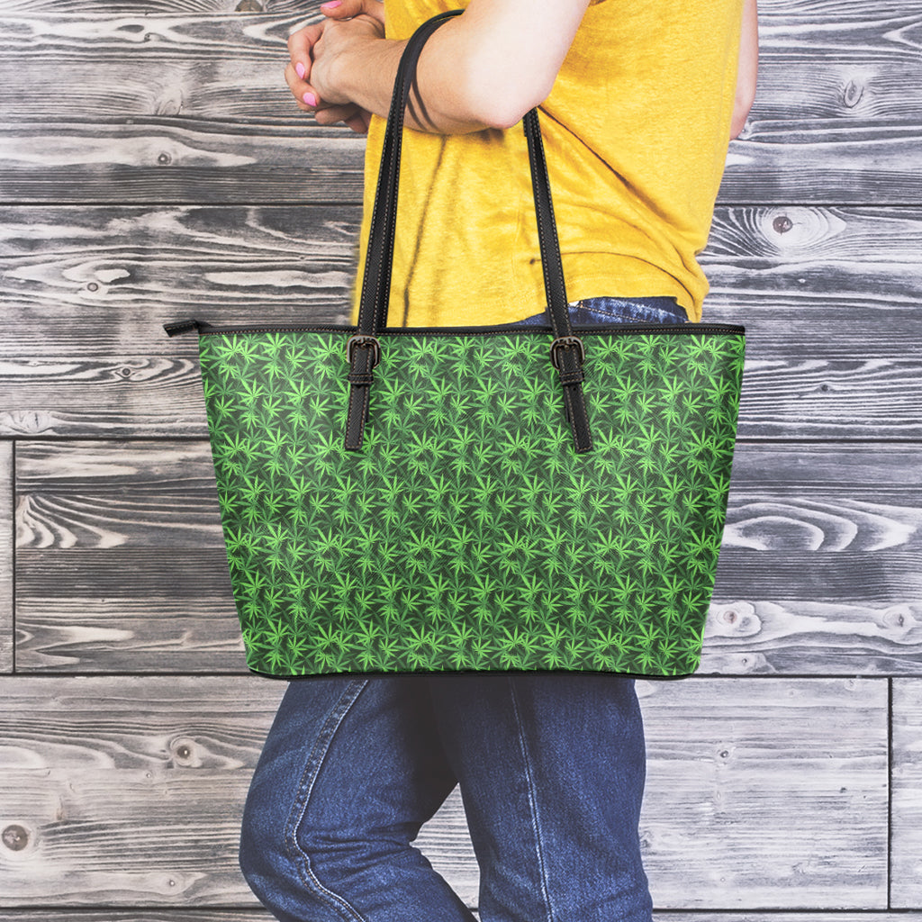 Green Pot Leaf Pattern Print Leather Tote Bag