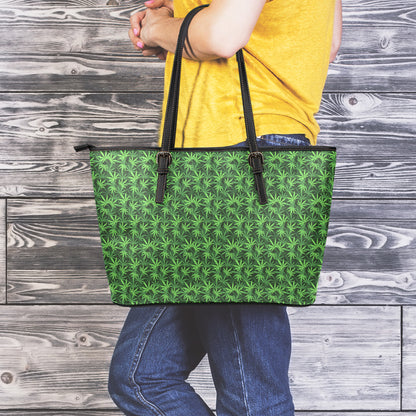 Green Pot Leaf Pattern Print Leather Tote Bag