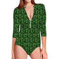 Green Pot Leaf Pattern Print Long Sleeve Swimsuit