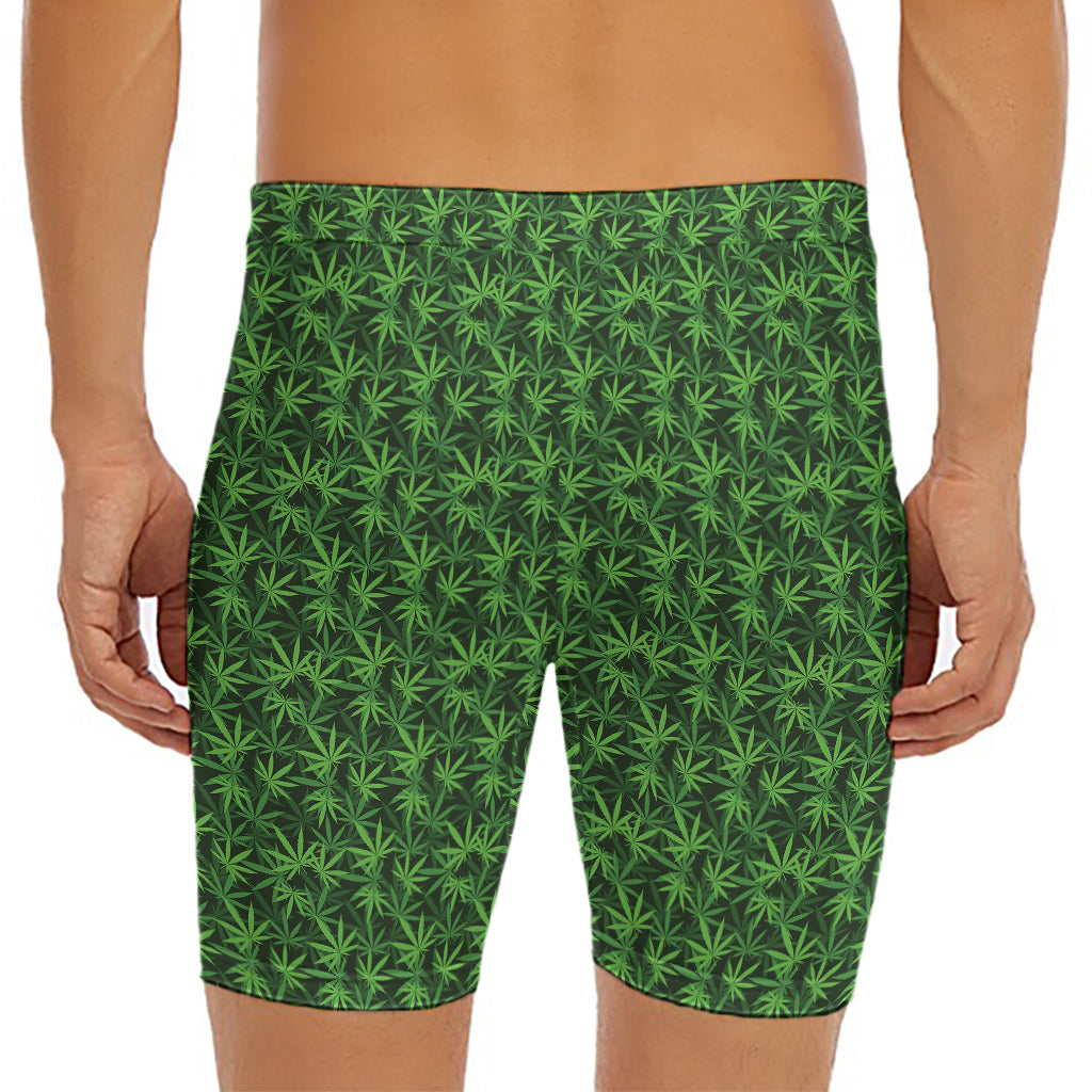 Green Pot Leaf Pattern Print Men's Long Boxer Briefs