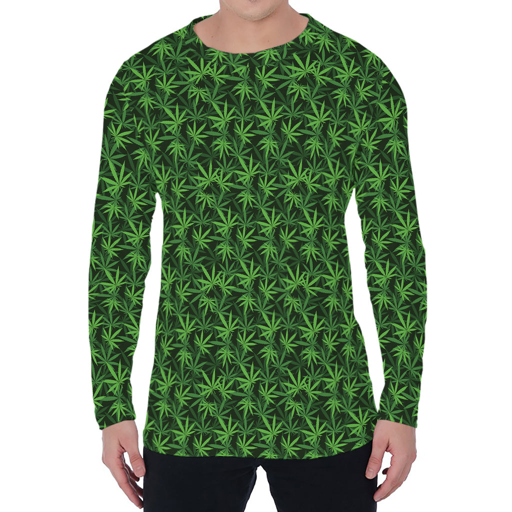 Green Pot Leaf Pattern Print Men's Long Sleeve T-Shirt