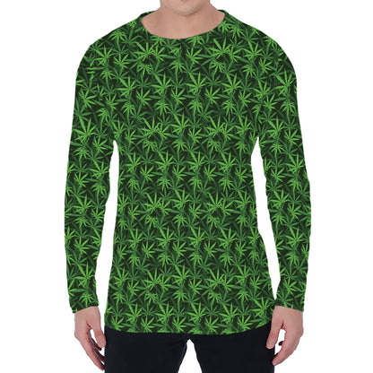 Green Pot Leaf Pattern Print Men's Long Sleeve T-Shirt