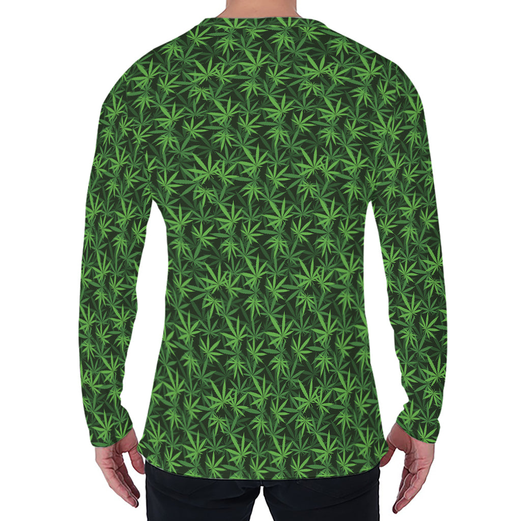 Green Pot Leaf Pattern Print Men's Long Sleeve T-Shirt