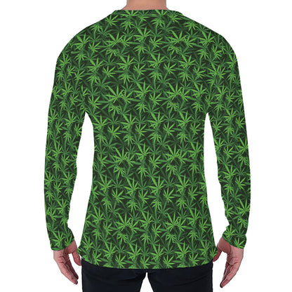 Green Pot Leaf Pattern Print Men's Long Sleeve T-Shirt