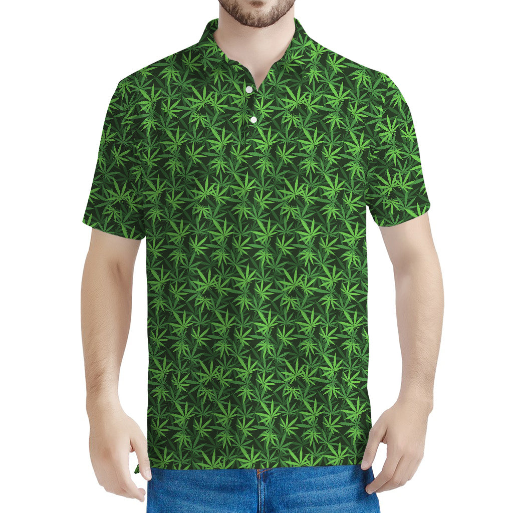 Green Pot Leaf Pattern Print Men's Polo Shirt