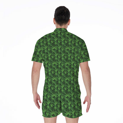 Green Pot Leaf Pattern Print Men's Rompers