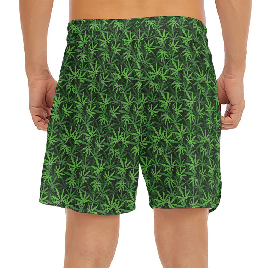Green Pot Leaf Pattern Print Men's Split Running Shorts