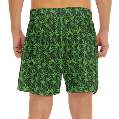 Green Pot Leaf Pattern Print Men's Split Running Shorts