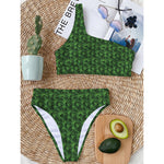 Green Pot Leaf Pattern Print One Shoulder Bikini Top