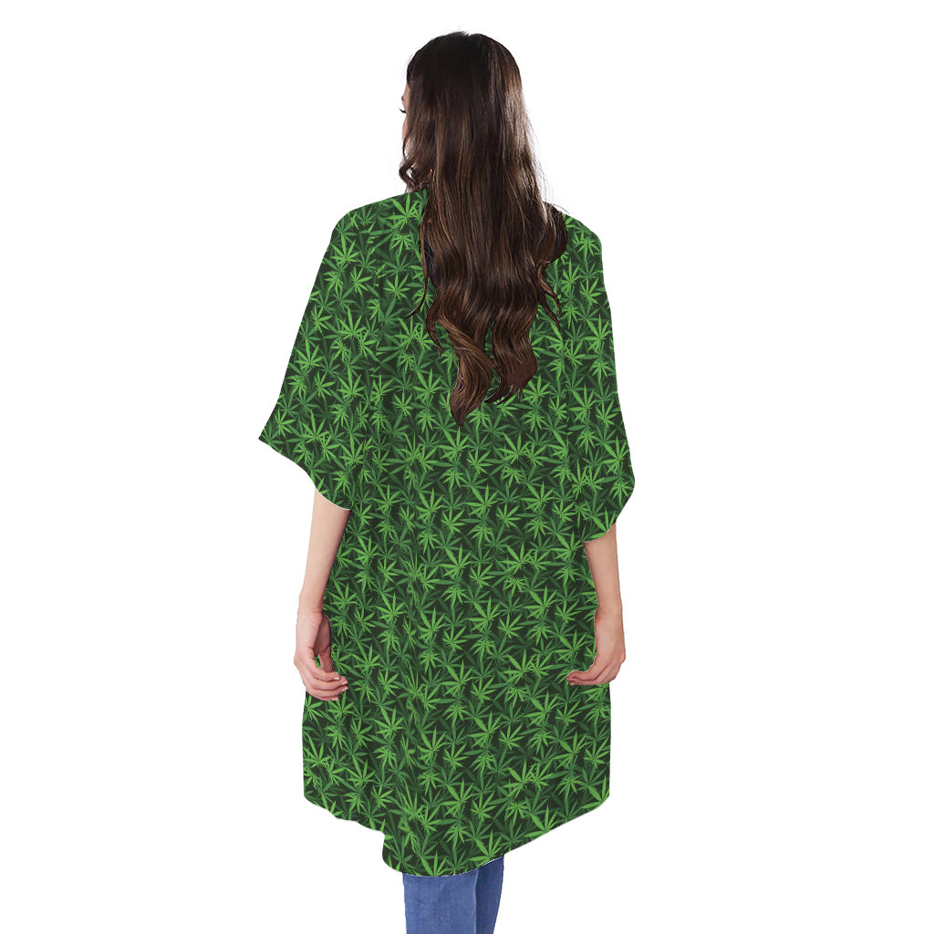 Green Pot Leaf Pattern Print Open Front Beach Cover Up