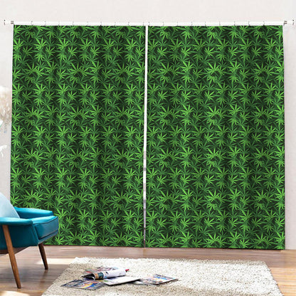 Green Pot Leaf Pattern Print Pencil Pleat Curtains