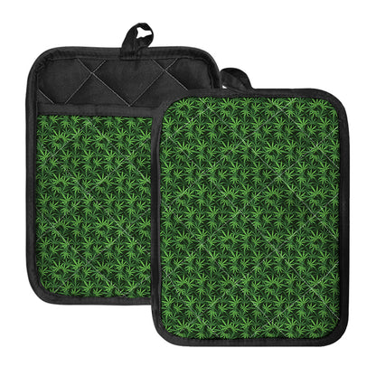 Green Pot Leaf Pattern Print Pot Holders With Pocket