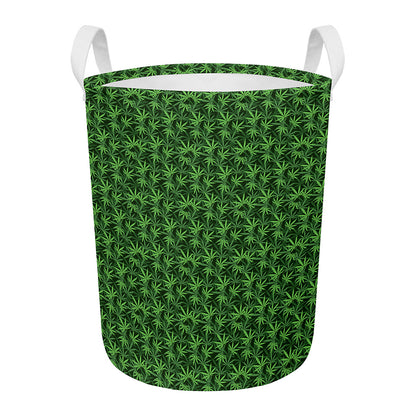 Green Pot Leaf Pattern Print Round Laundry Basket