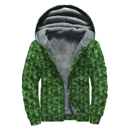 Green Pot Leaf Pattern Print Sherpa Lined Zip Up Hoodie
