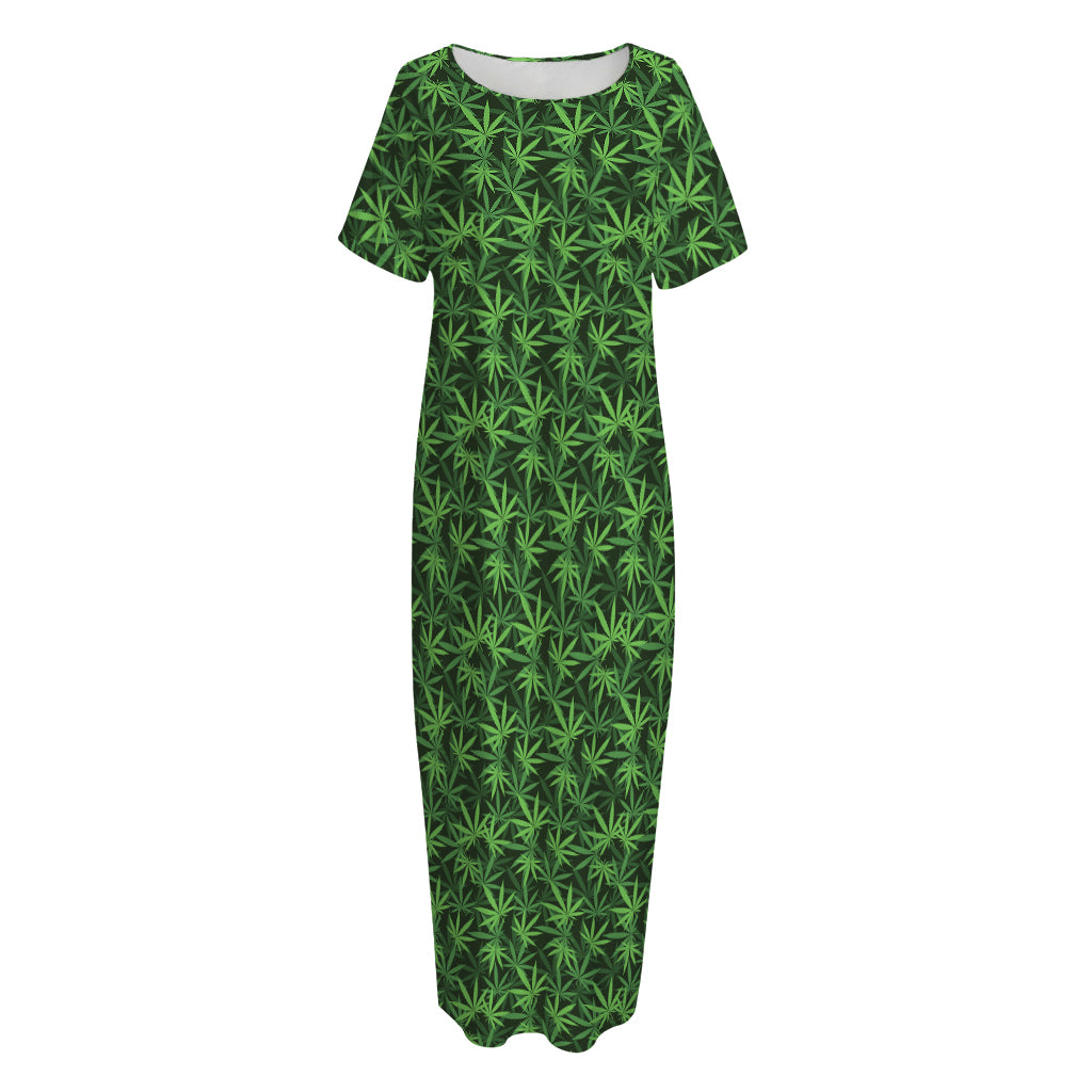 Green Pot Leaf Pattern Print Short Sleeve Long Nightdress