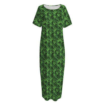 Green Pot Leaf Pattern Print Short Sleeve Long Nightdress