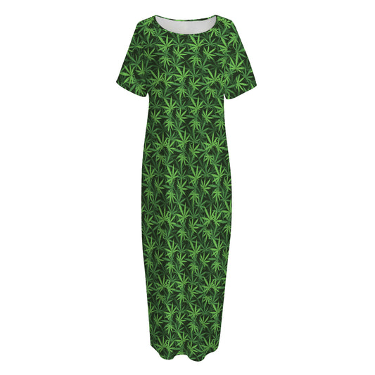 Green Pot Leaf Pattern Print Short Sleeve Long Nightdress