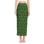 Green Pot Leaf Pattern Print Side Slit Maxi Skirt