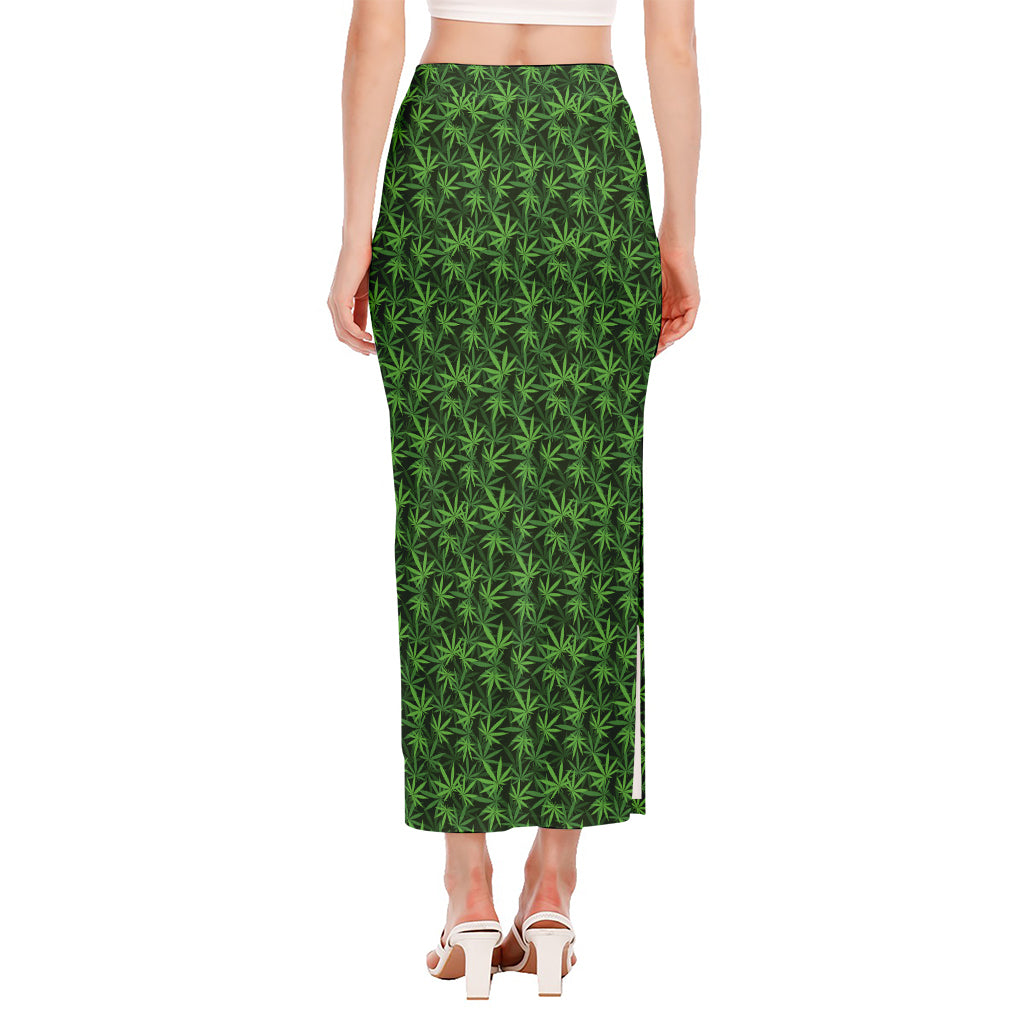 Green Pot Leaf Pattern Print Side Slit Maxi Skirt