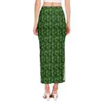 Green Pot Leaf Pattern Print Side Slit Maxi Skirt