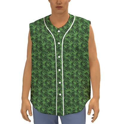 Green Pot Leaf Pattern Print Sleeveless Baseball Jersey