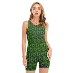 Green Pot Leaf Pattern Print Sleeveless One Piece Swimsuit