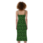Green Pot Leaf Pattern Print Slim Fit Midi Cami Dress