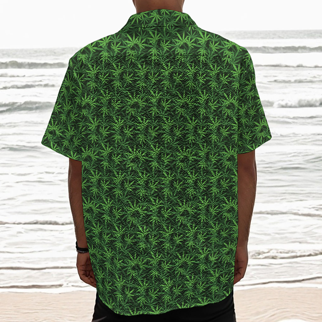 Green Pot Leaf Pattern Print Textured Short Sleeve Shirt