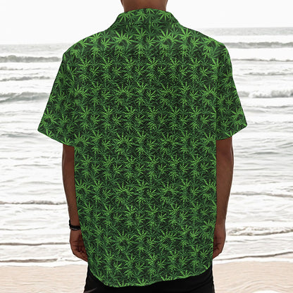 Green Pot Leaf Pattern Print Textured Short Sleeve Shirt
