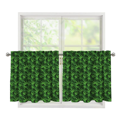Green Pot Leaf Pattern Print Tier Curtains