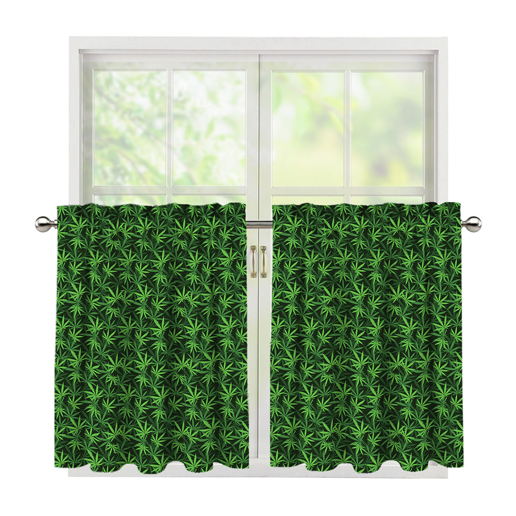 Green Pot Leaf Pattern Print Tier Curtains