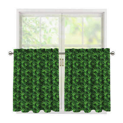 Green Pot Leaf Pattern Print Tier Curtains