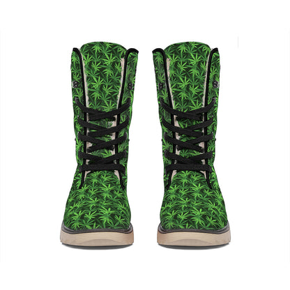 Green Pot Leaf Pattern Print Winter Boots