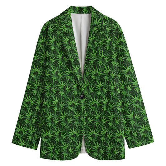Green Pot Leaf Pattern Print Women's Blazer