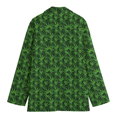 Green Pot Leaf Pattern Print Women's Cotton Blazer