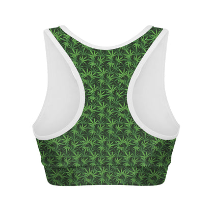 Green Pot Leaf Pattern Print Women's Sports Bra