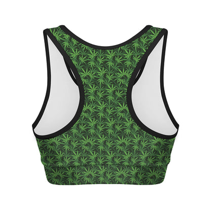Green Pot Leaf Pattern Print Women's Sports Bra