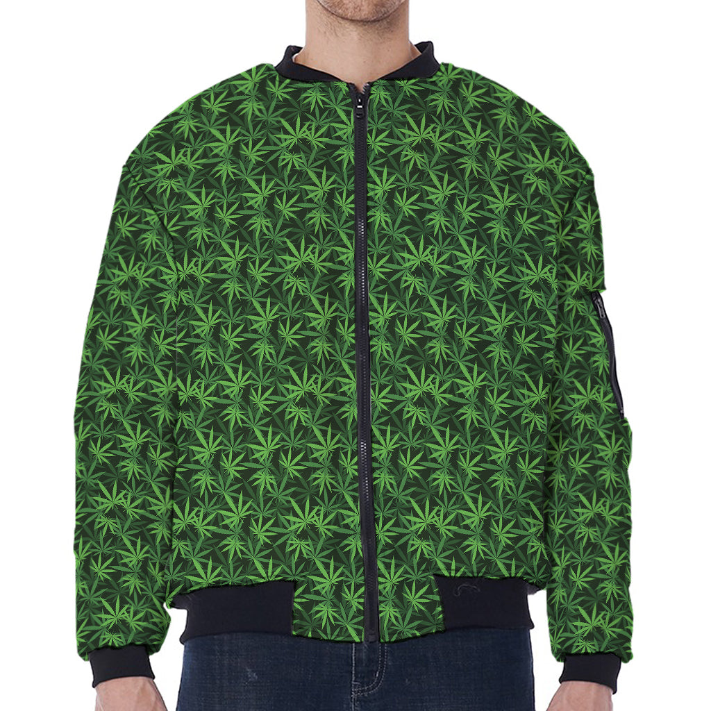 Green Pot Leaf Pattern Print Zip Sleeve Bomber Jacket