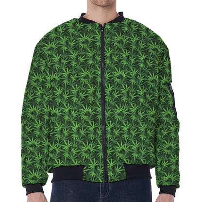 Green Pot Leaf Pattern Print Zip Sleeve Bomber Jacket