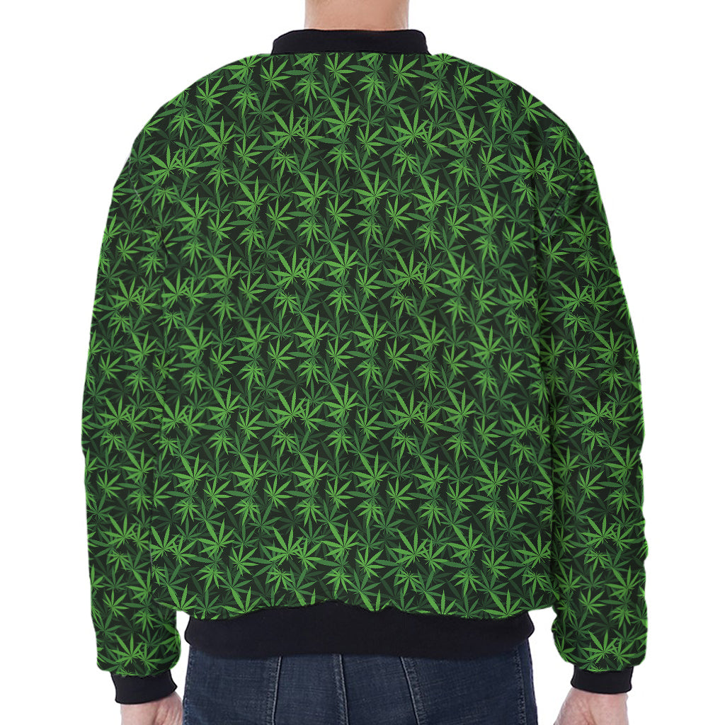 Green Pot Leaf Pattern Print Zip Sleeve Bomber Jacket