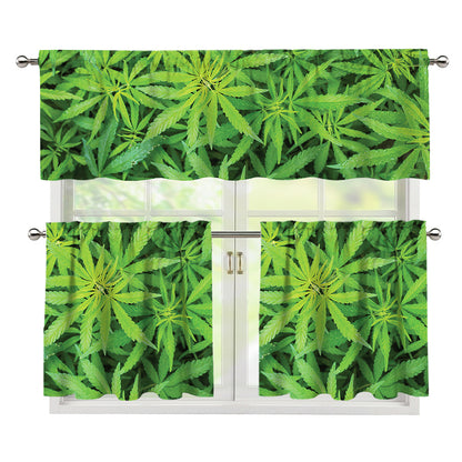 Green Pot Leaf Print 3 Piece Kitchen Curtains
