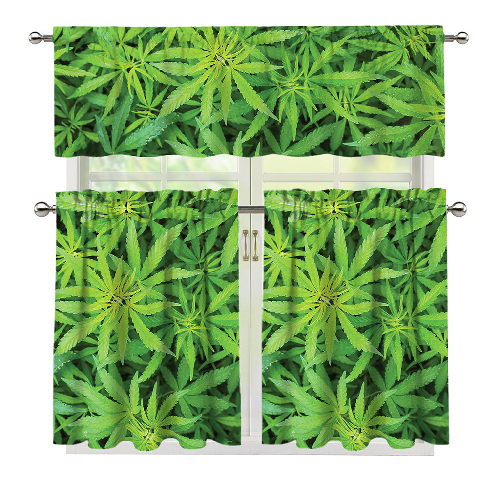 Green Pot Leaf Print 3 Piece Kitchen Curtains