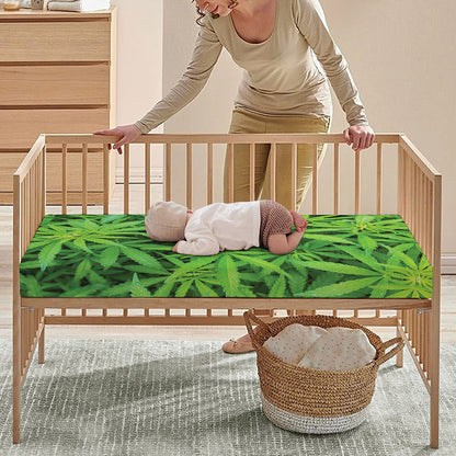 Green Pot Leaf Print Baby Crib Sheet