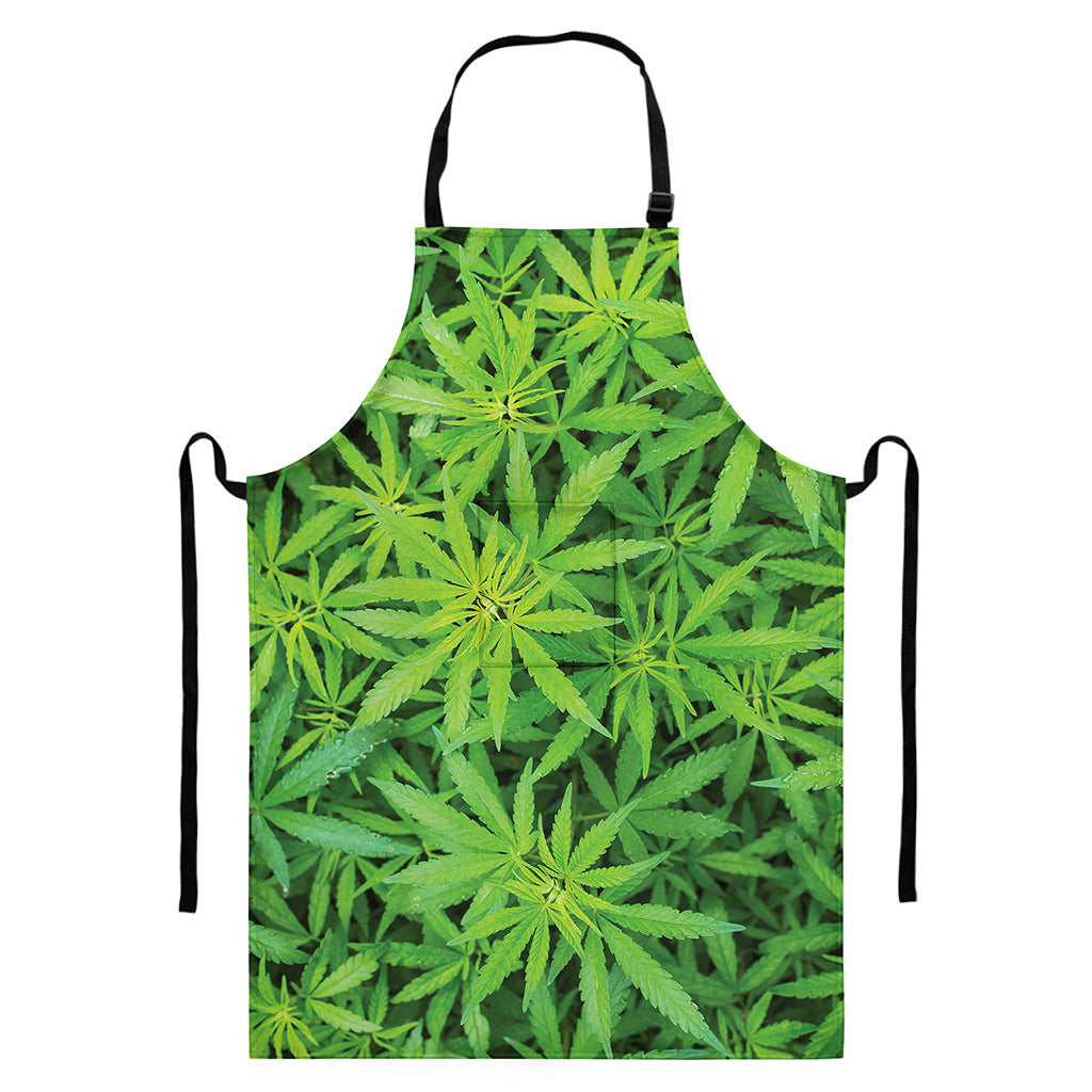 Green Pot Leaf Print Bib Apron With Pocket