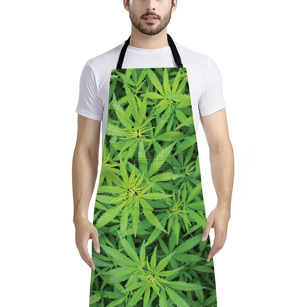 Green Pot Leaf Print Bib Apron With Pocket