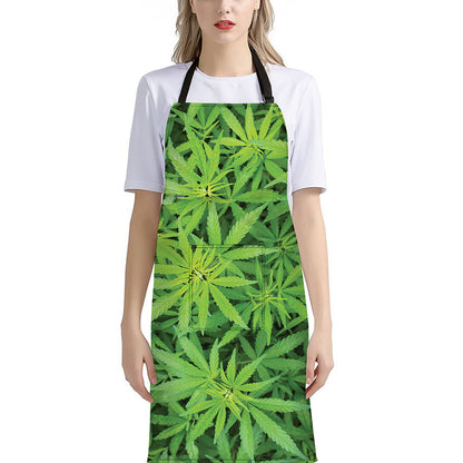 Green Pot Leaf Print Bib Apron With Pocket