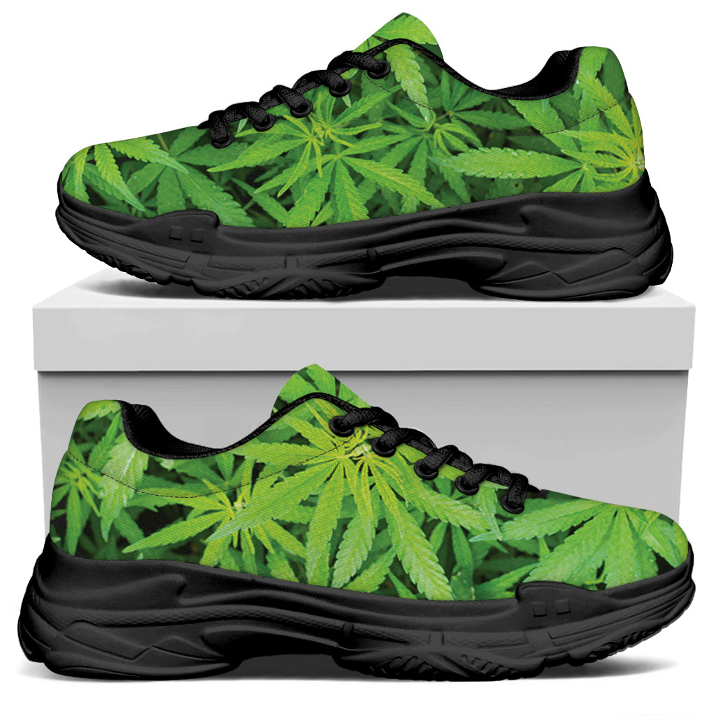 Green Pot Leaf Print Black Chunky Shoes