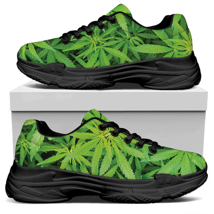 Green Pot Leaf Print Black Chunky Shoes