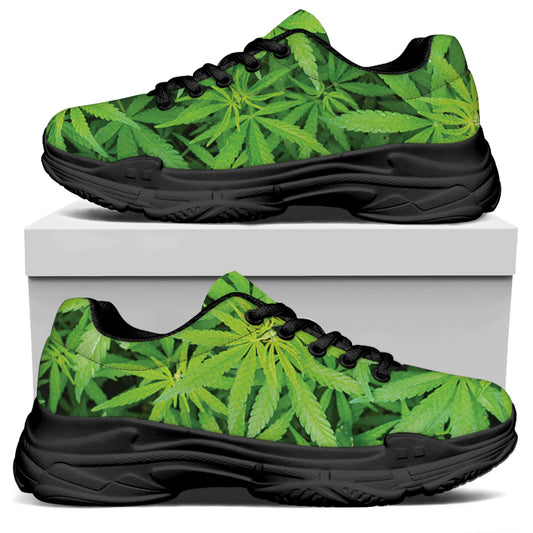 Green Pot Leaf Print Black Chunky Shoes