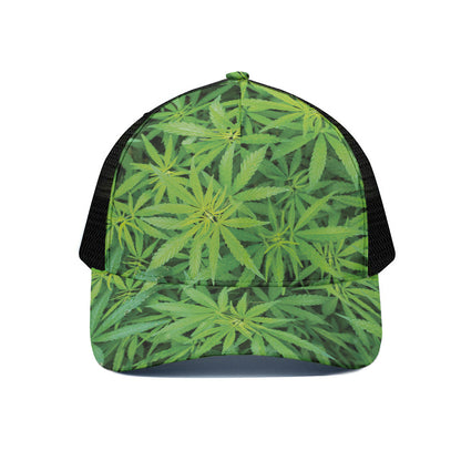 Green Pot Leaf Print Black Mesh Trucker Cap